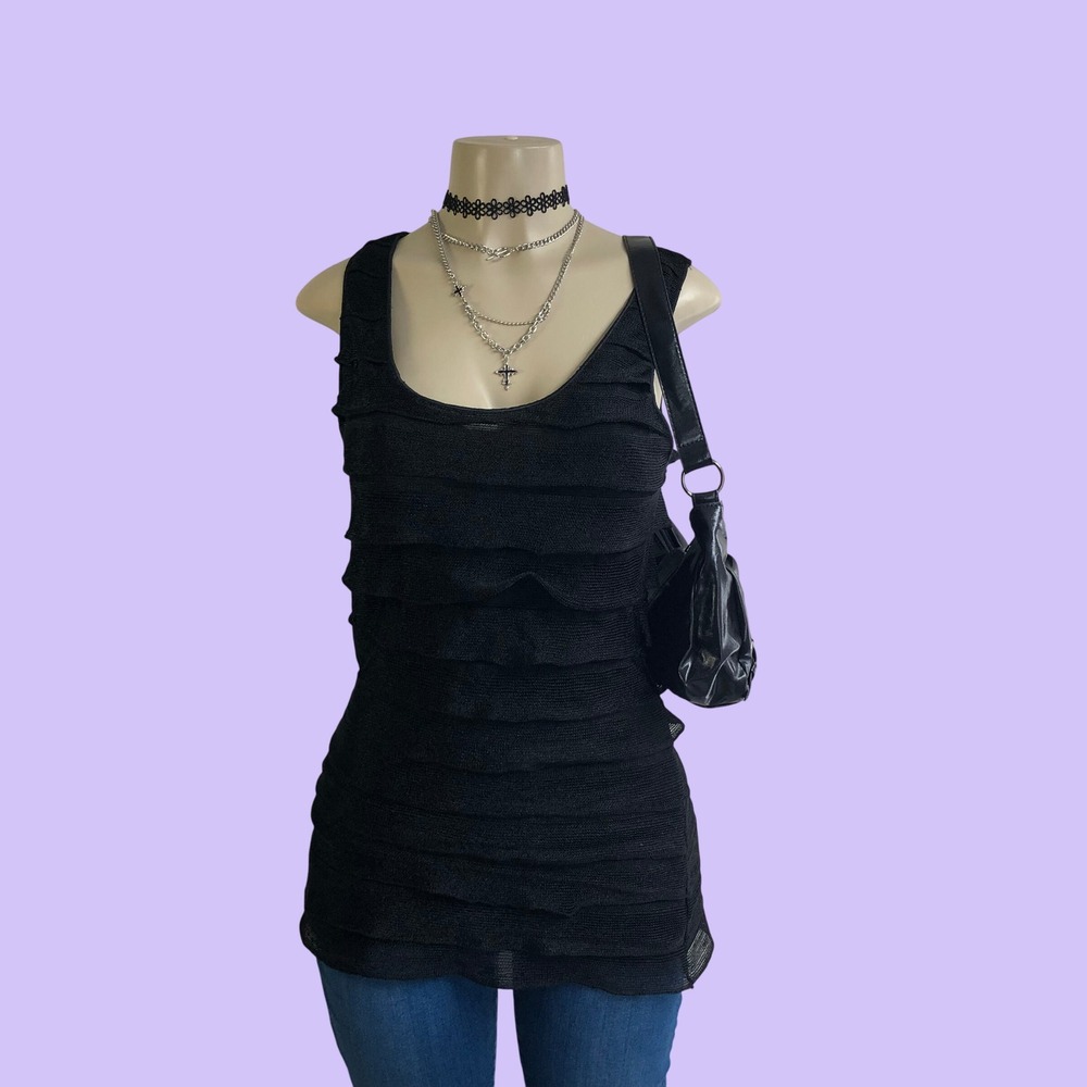 Vintage Y2K Max Studio Black Tiered Mesh Ruffle Tank Top Tunic Womens Large